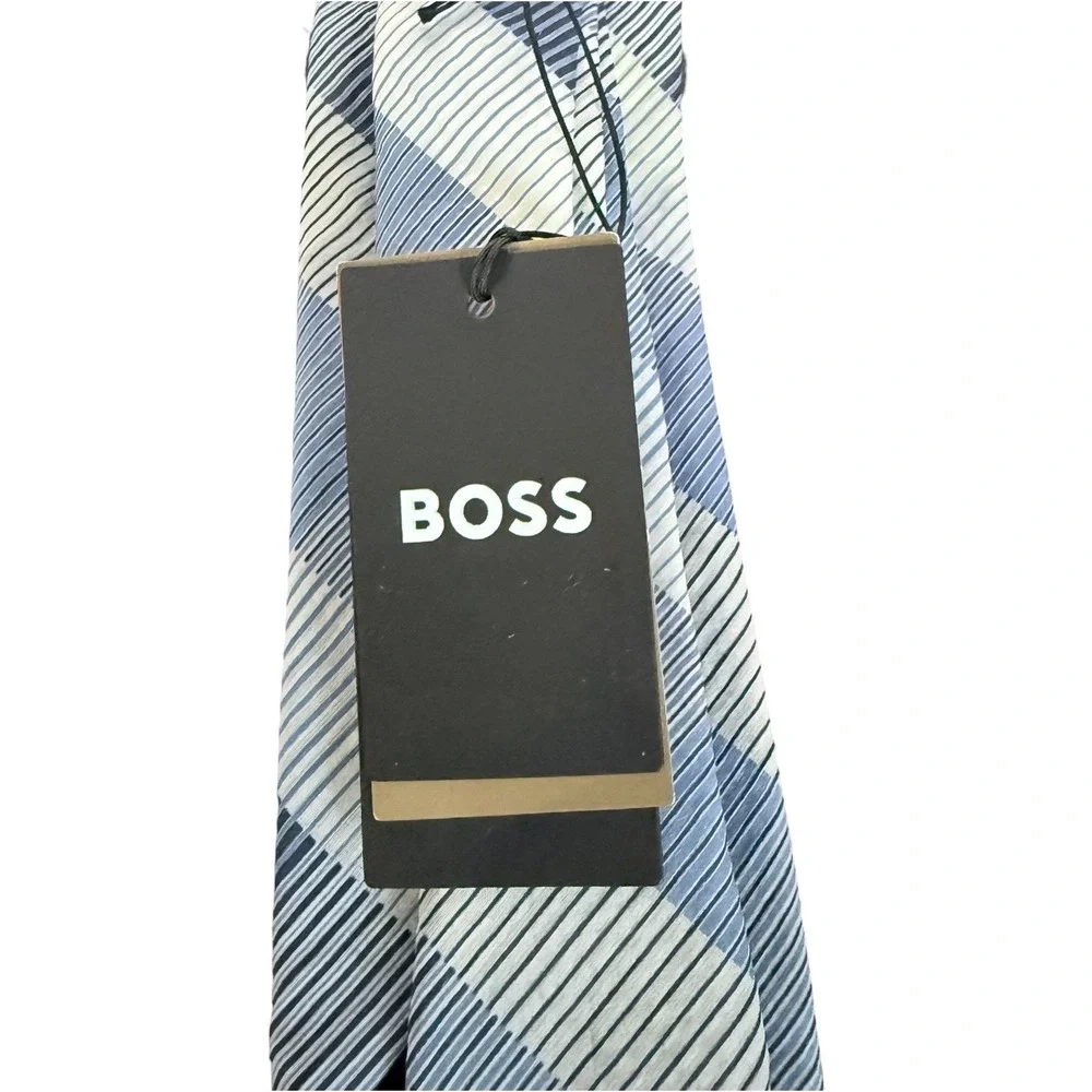 Hugo Boss Mens Silk Blend Gray Blue‎ Textured Check Tie NWT